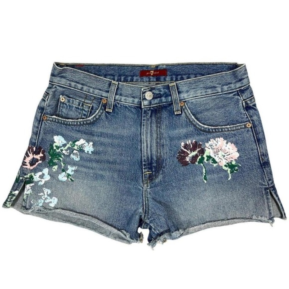 7 For All Mankind Hand-Painted Floral Jean Shorts 27" Boho Cottagecore Denim USA